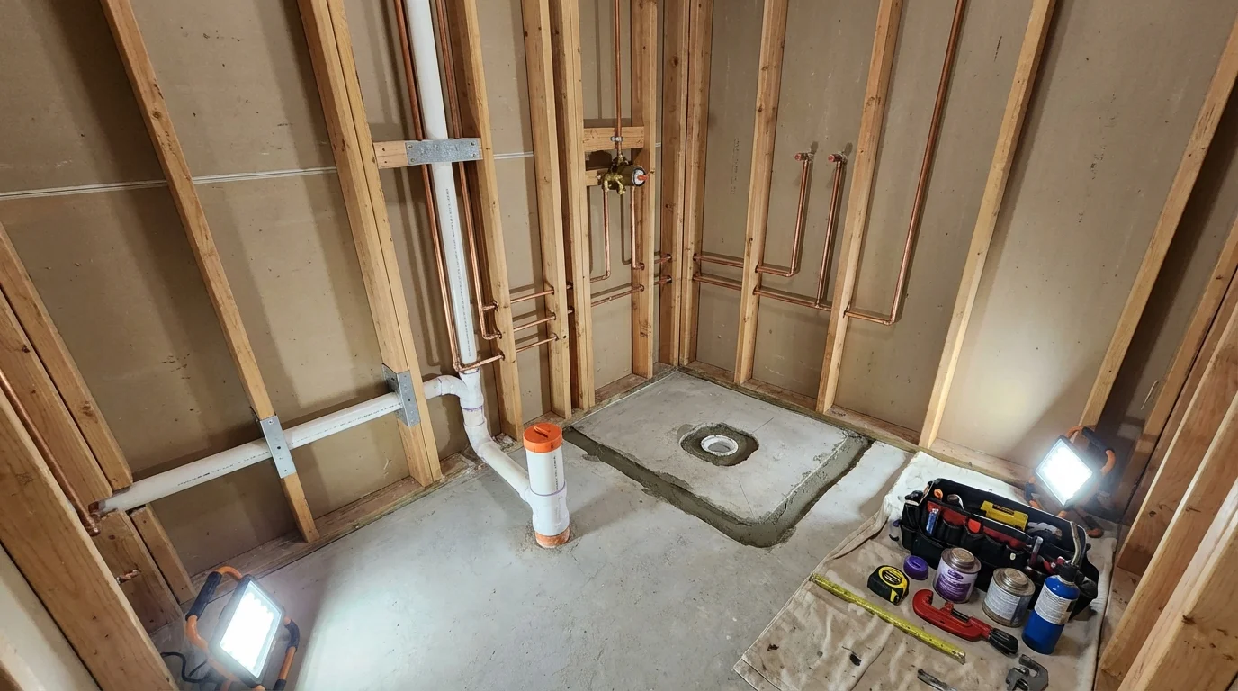 Bathroom rough-in plumbing during remodel by Johns Plumbing LLC in Gramercy