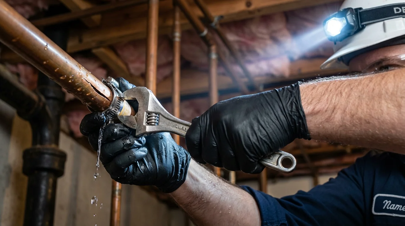 Emergency pipe clamp repair being performed by a Johns Plumbing LLC plumber in Gramercy