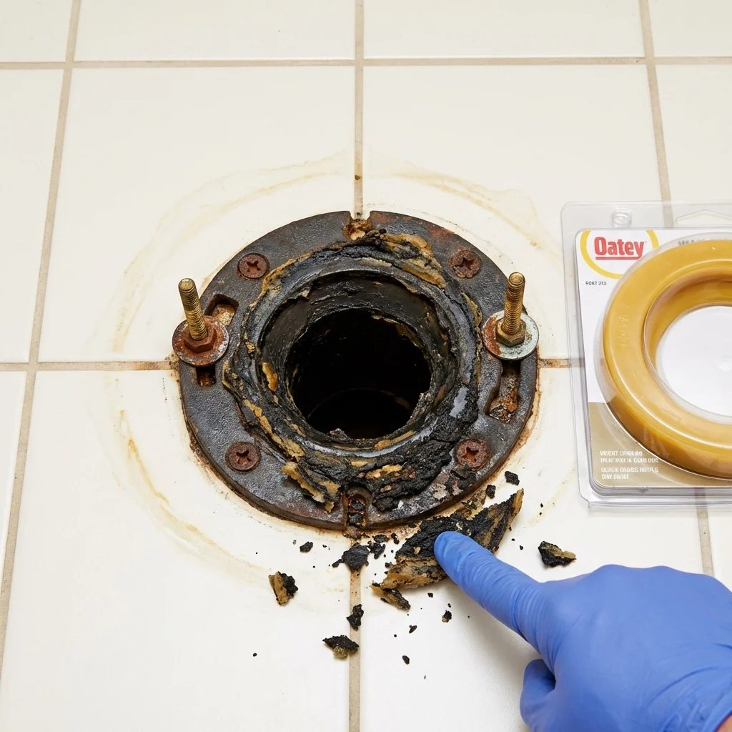 Failed wax ring showing water seepage at the base of a toilet in a Gramercy, LA home
