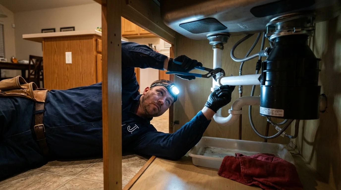 P-trap and supply line connections under a kitchen sink showing a common leak point in Gramercy, LA